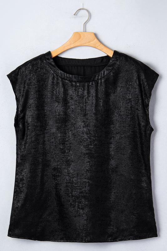 Black Metallic Round Neck Cap Sleeve Top