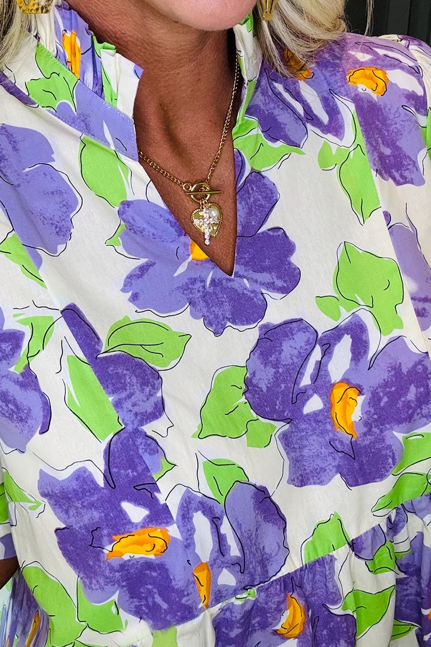 Floral V Collar Short Sleeve Tiered Purple Dress