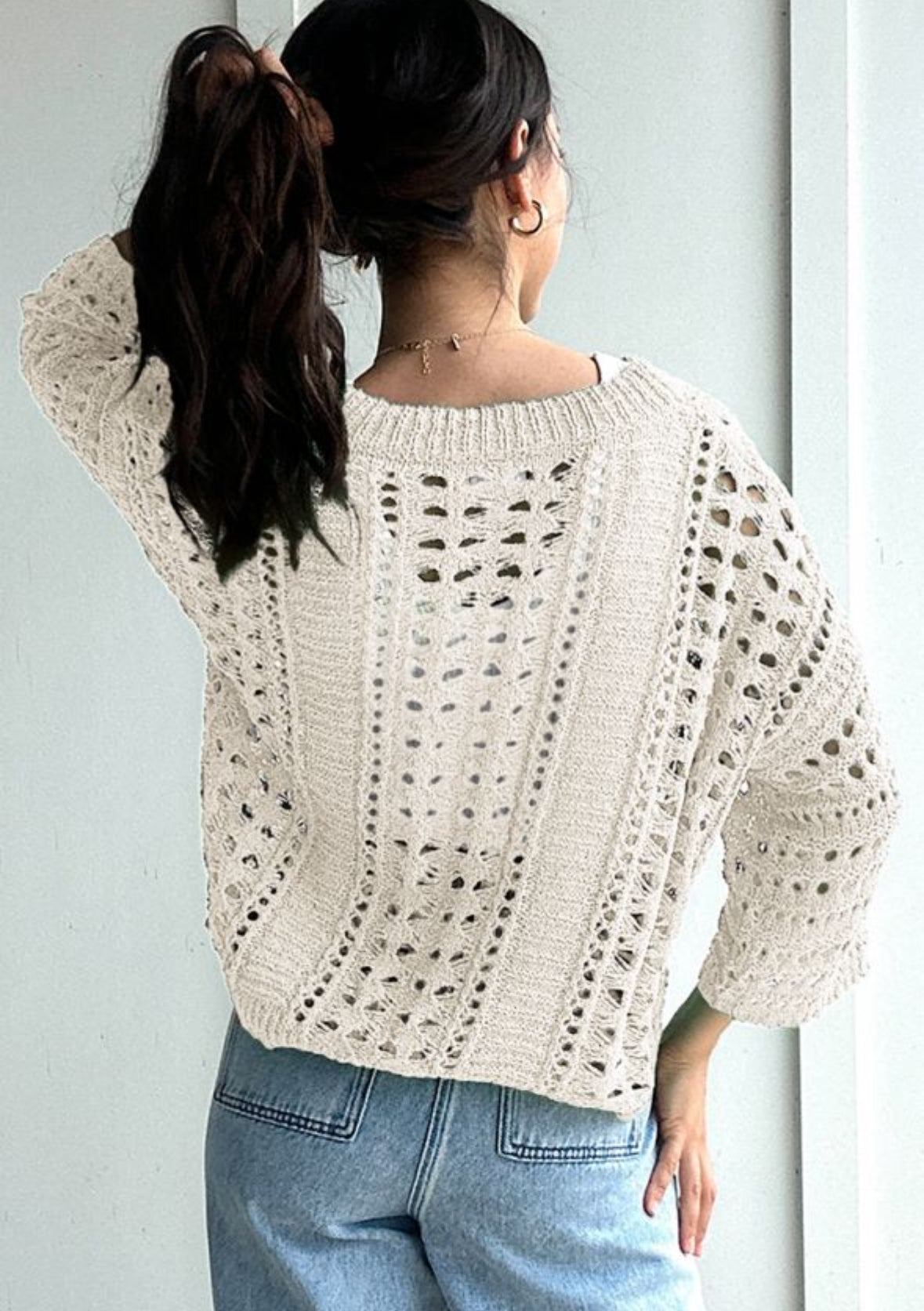 White Hollow Out Knit Bracelet Sleeve Drop Shoulder Sweater
