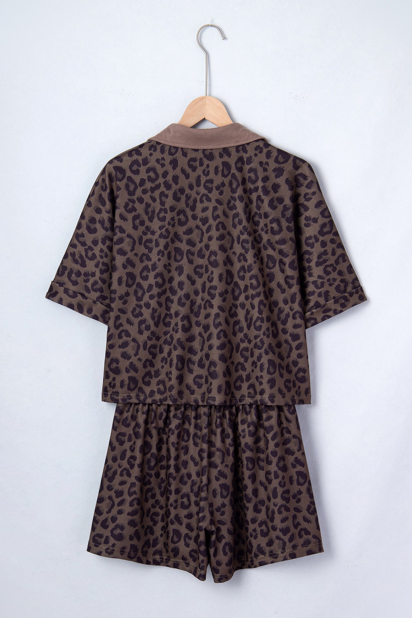 Brown V Neck Collar Leopard Printed Set