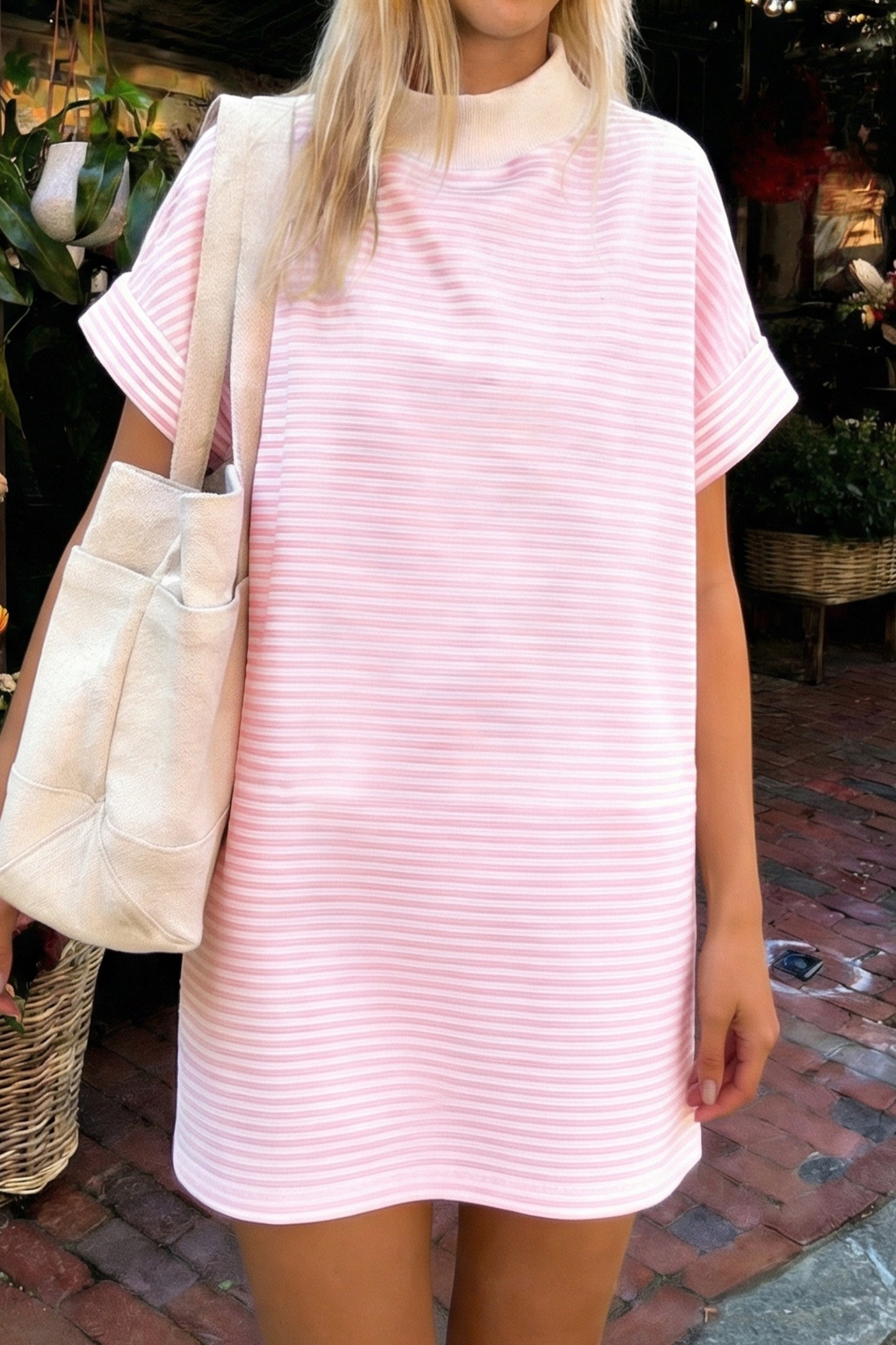 Pink Stripe Cuffed Short Sleeve Tee Shirt Dress