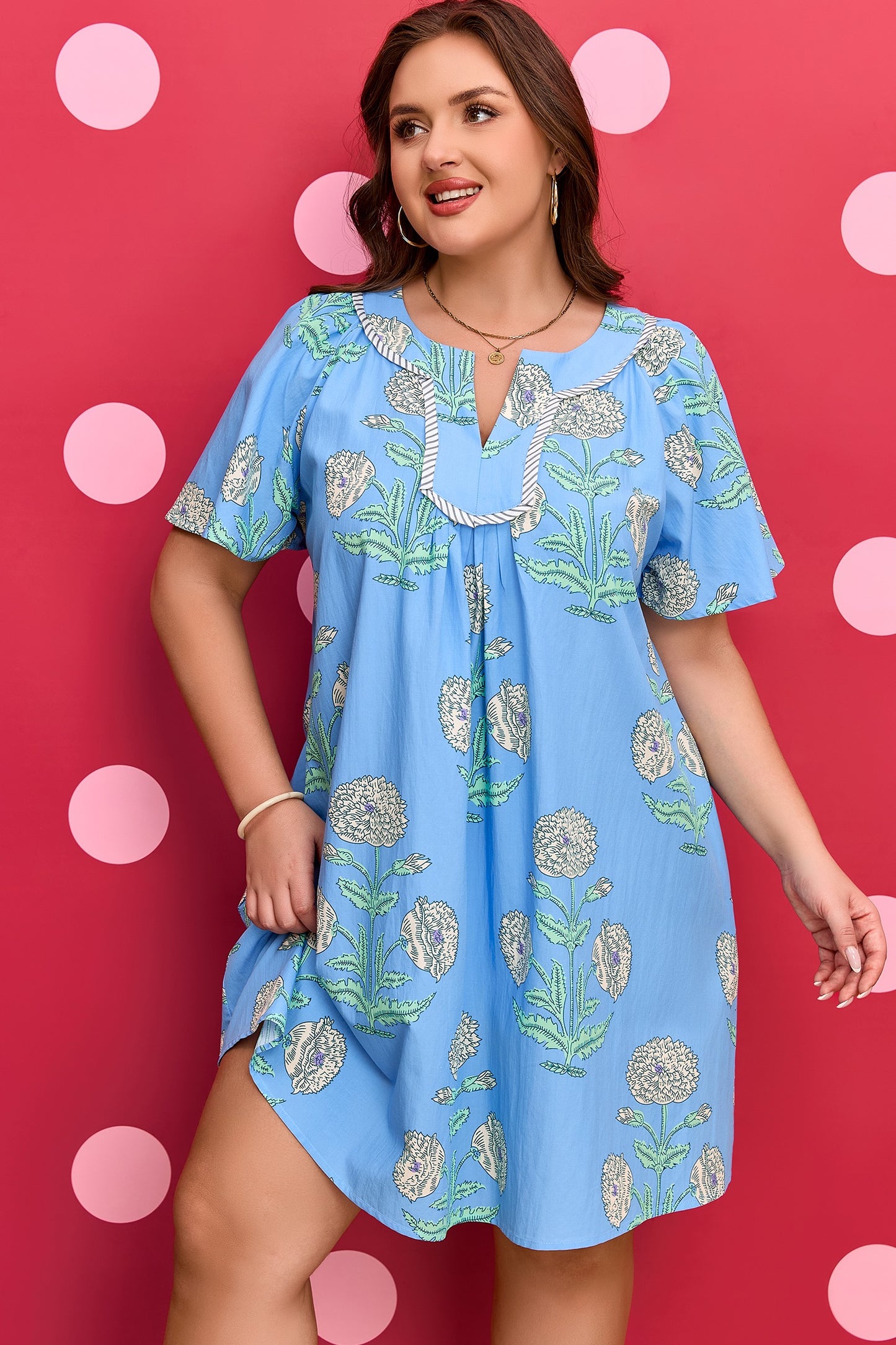 Blue Plus Periwinkle Floral Printed Short Sleeve Striped Trim Split Neck Mini Dress