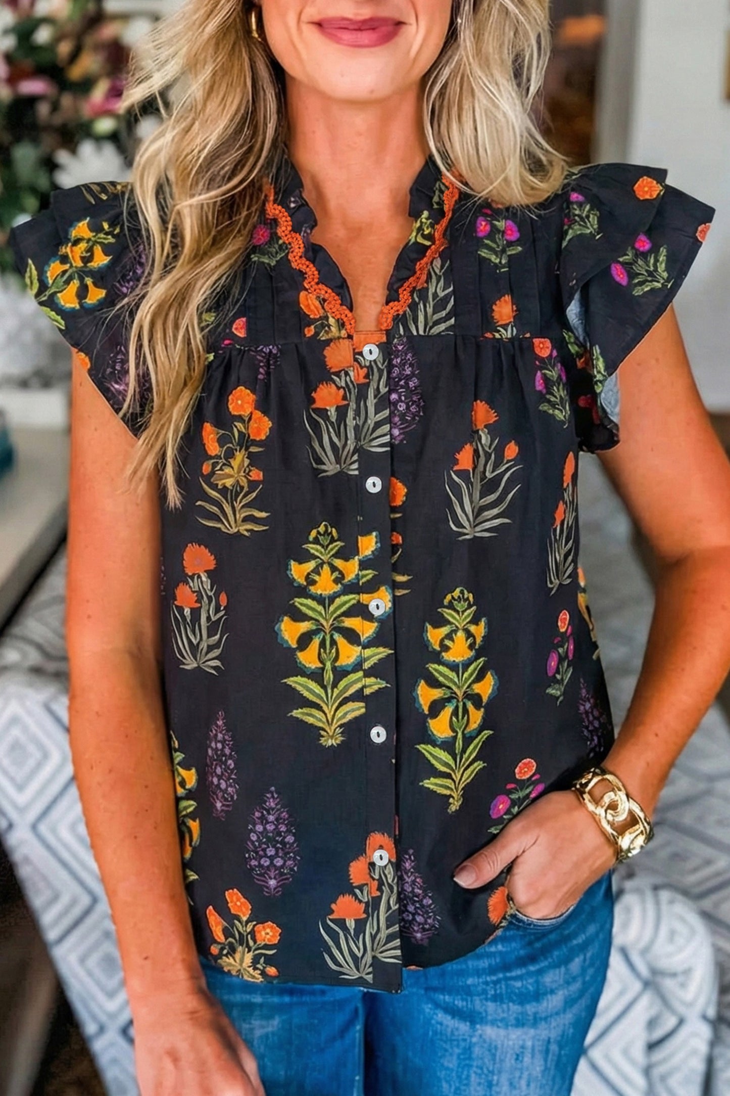 Black Floral Print Lace Trim Frilled V Neck Shirt