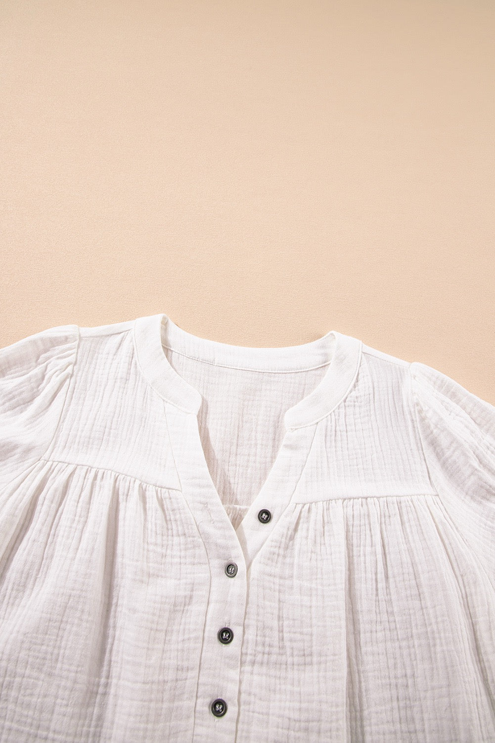 White Textured Short Sleeve Buttons Frayed Blouse, 100% Cotton