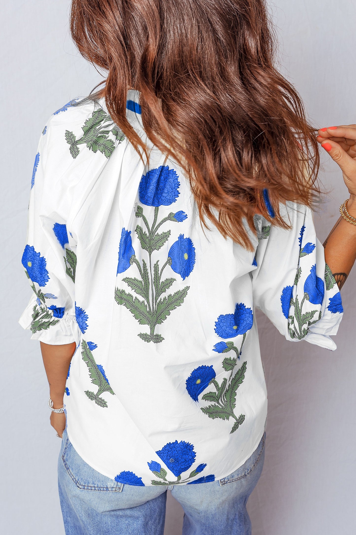 Blue Casual Wild Flower Print V Neck Blouse