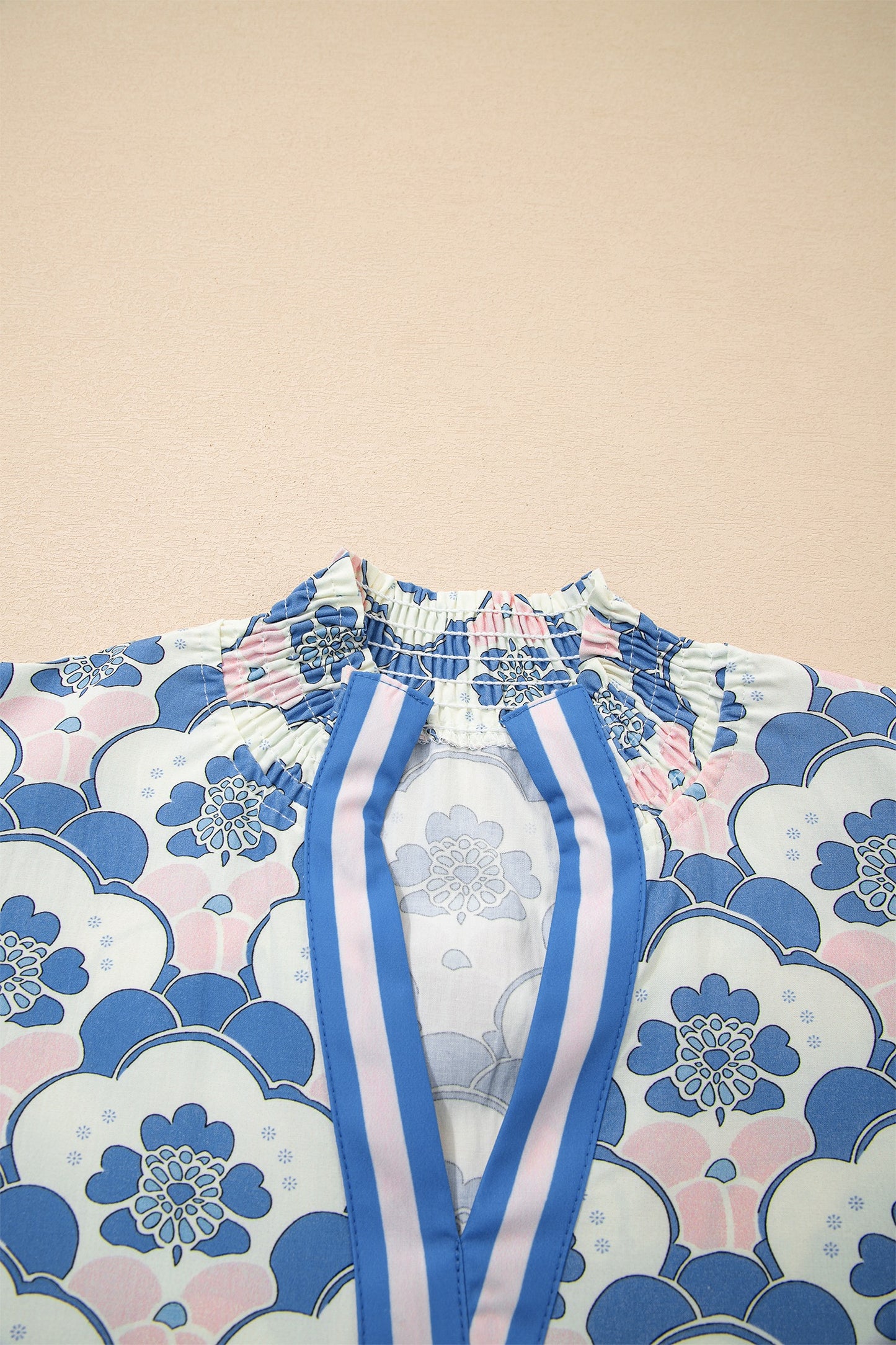Blue Floral Print Flounce Short Sleeve Contrast Trim V Neck Blouse