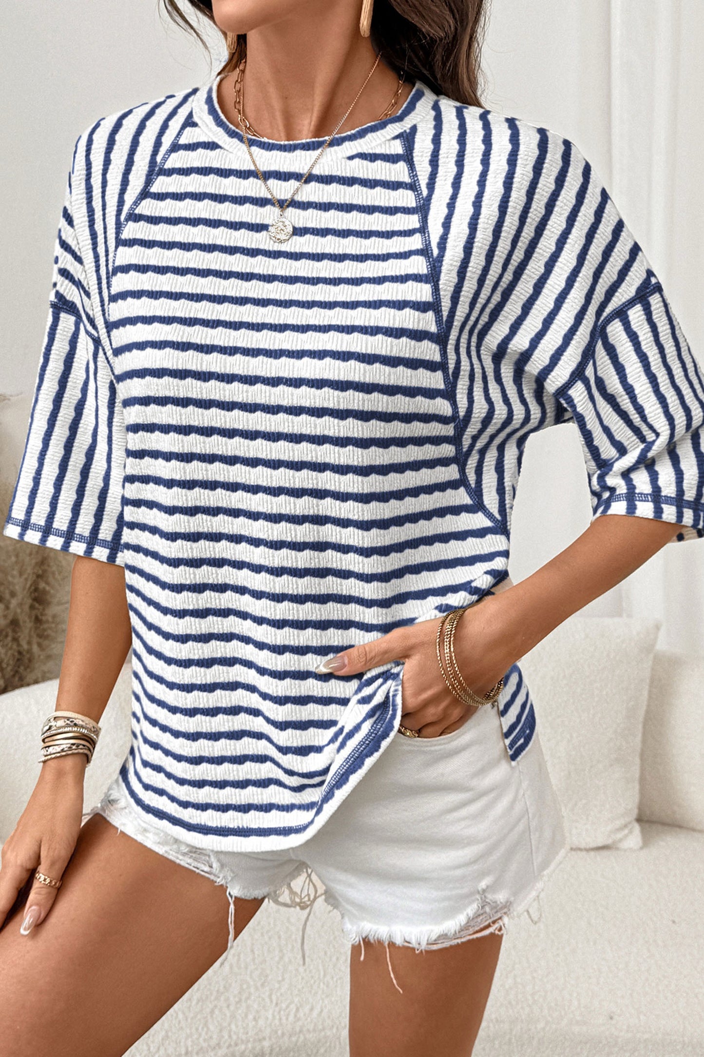 Navy Stripe Scallop Lace Trim Ruffle Short Sleeves Crewneck Top