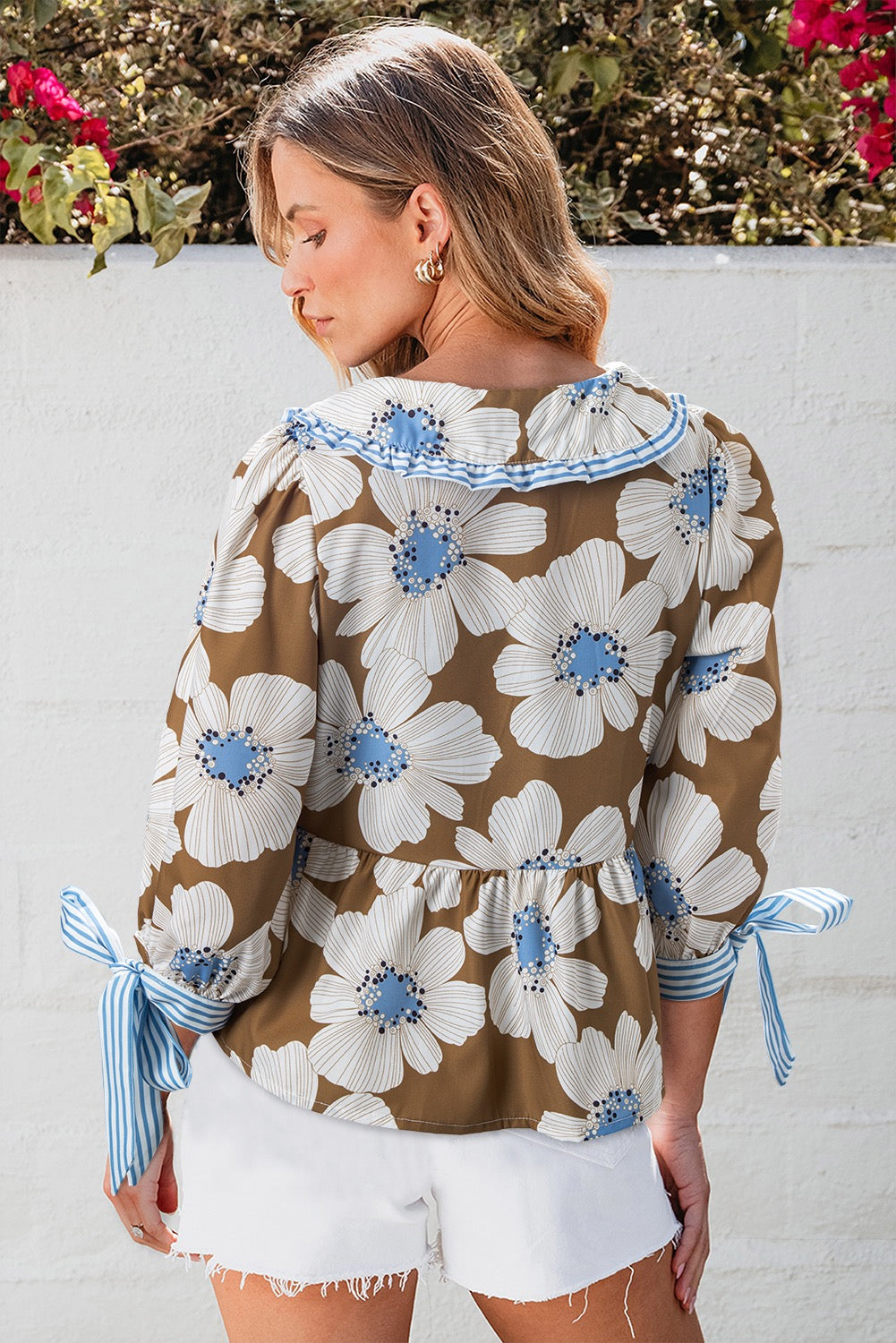 Striped Floral Print Tie Sleeve Collared V Neck Blouse