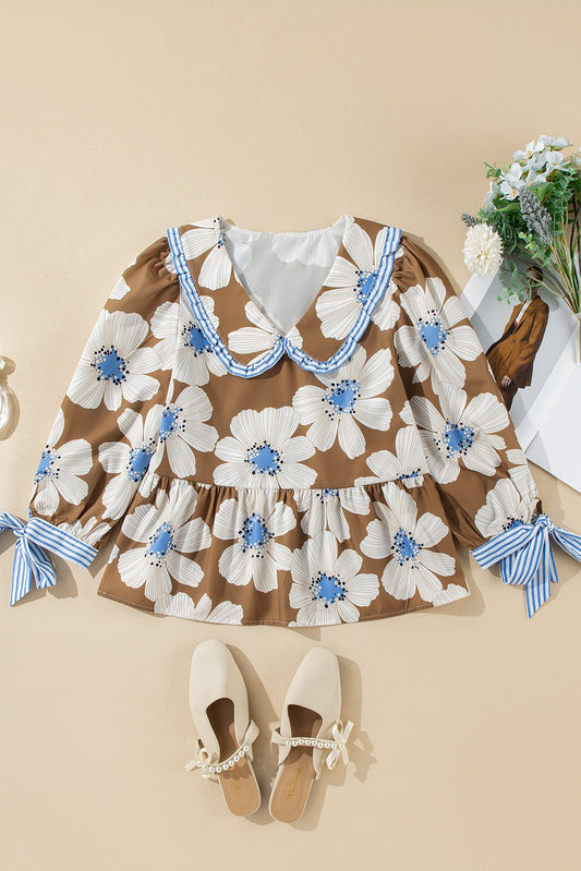 Striped Floral Print Tie Sleeve Collared V Neck Blouse