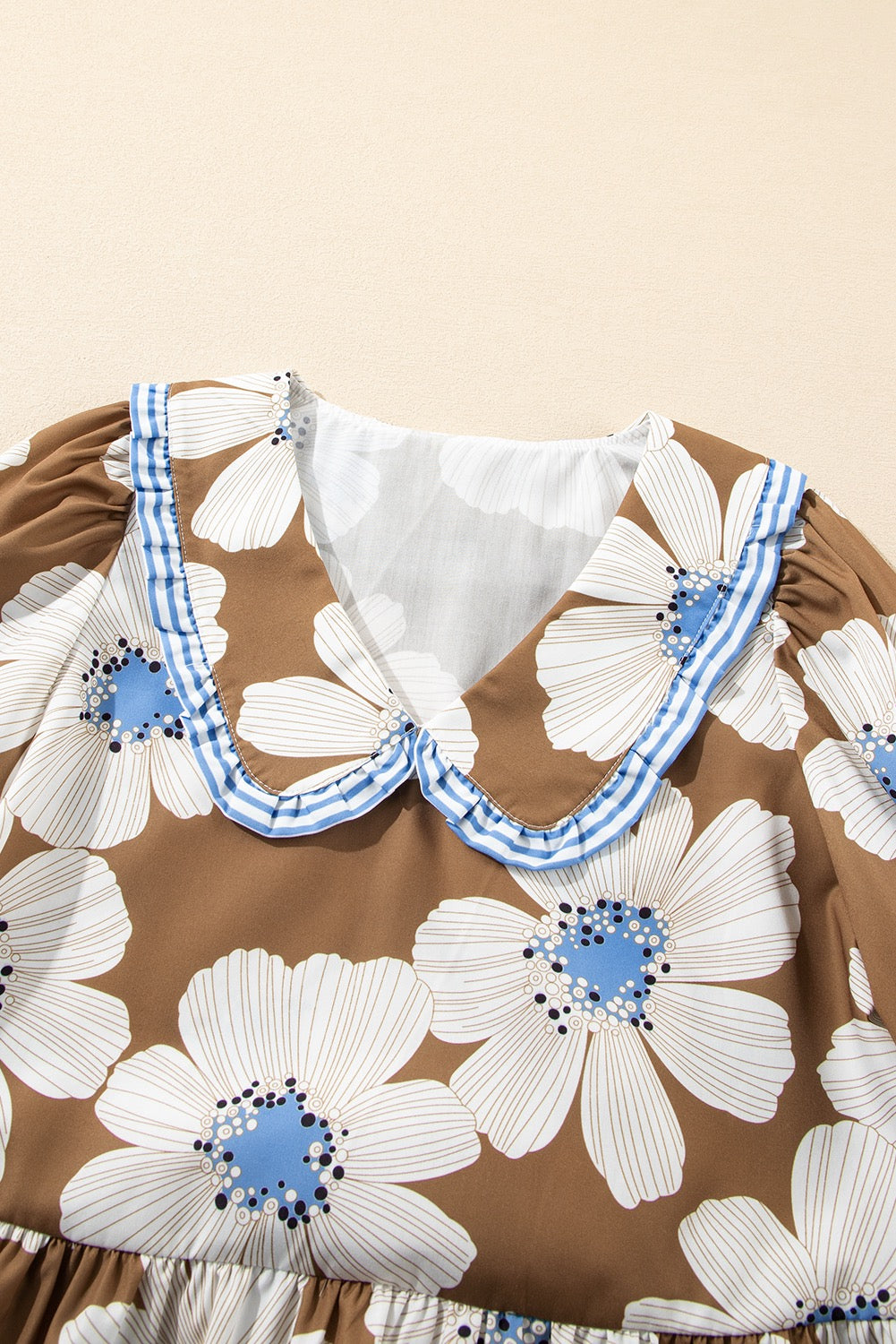 Striped Floral Print Tie Sleeve Collared V Neck Blouse