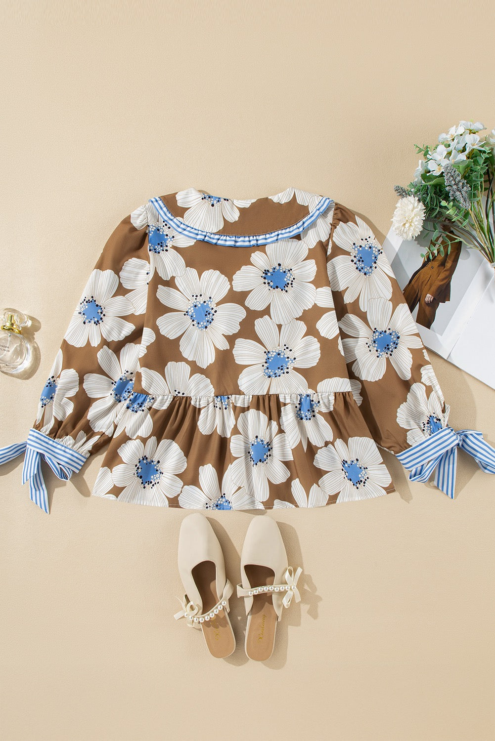 Striped Floral Print Tie Sleeve Collared V Neck Blouse