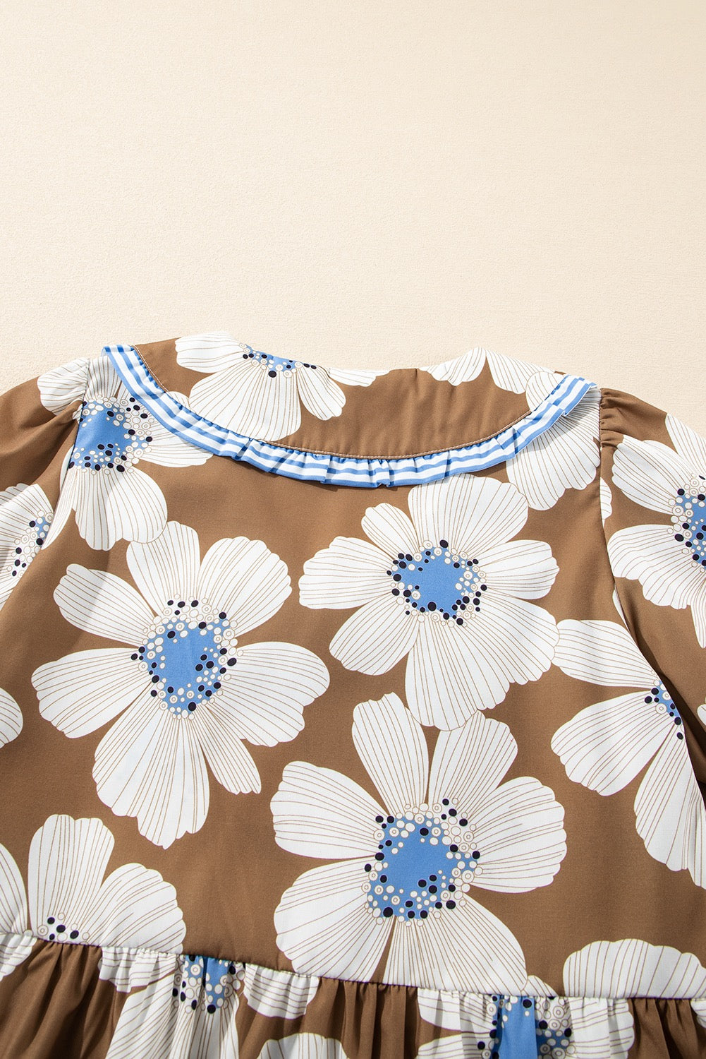 Striped Floral Print Tie Sleeve Collared V Neck Blouse